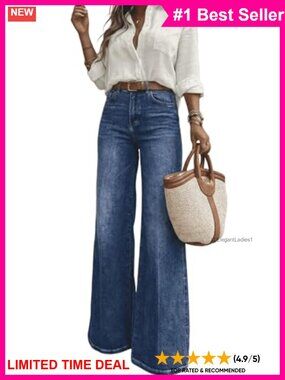 High Waisted Wide Leg Jeans Classic 5-Pocket Long Denim Pants for Casual Office